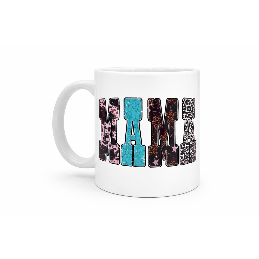 Mama Coffee Mug Western Turquoise Leopard Cow Print Ceramic 11oz White Tea Cup